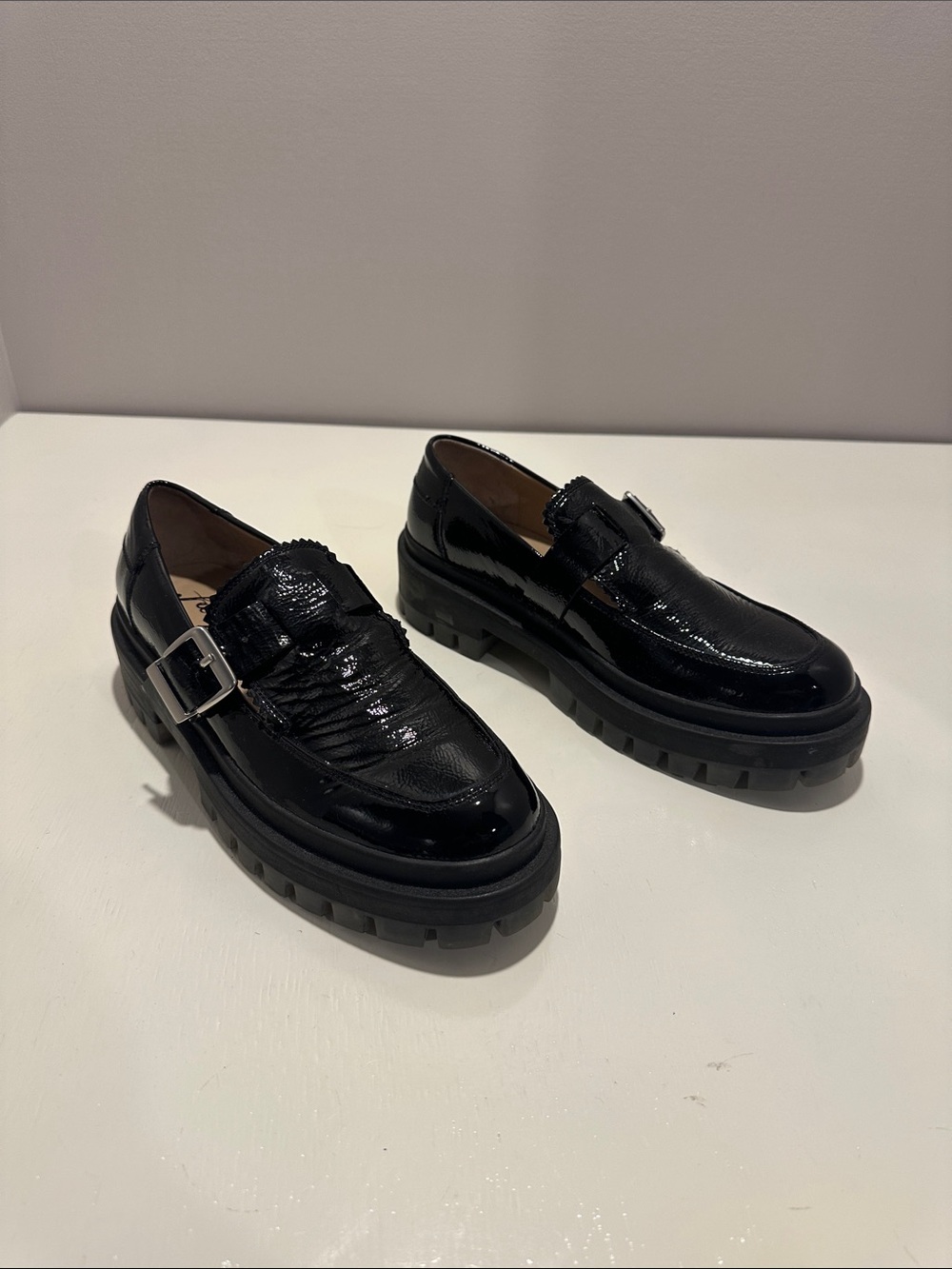 Free People Black Patent Chunky Lug Loafers with Buckle
